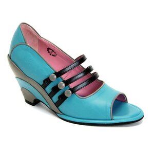 Fluevog Miss April Heels Turquoise Pink and Grey Retro Mary Janes